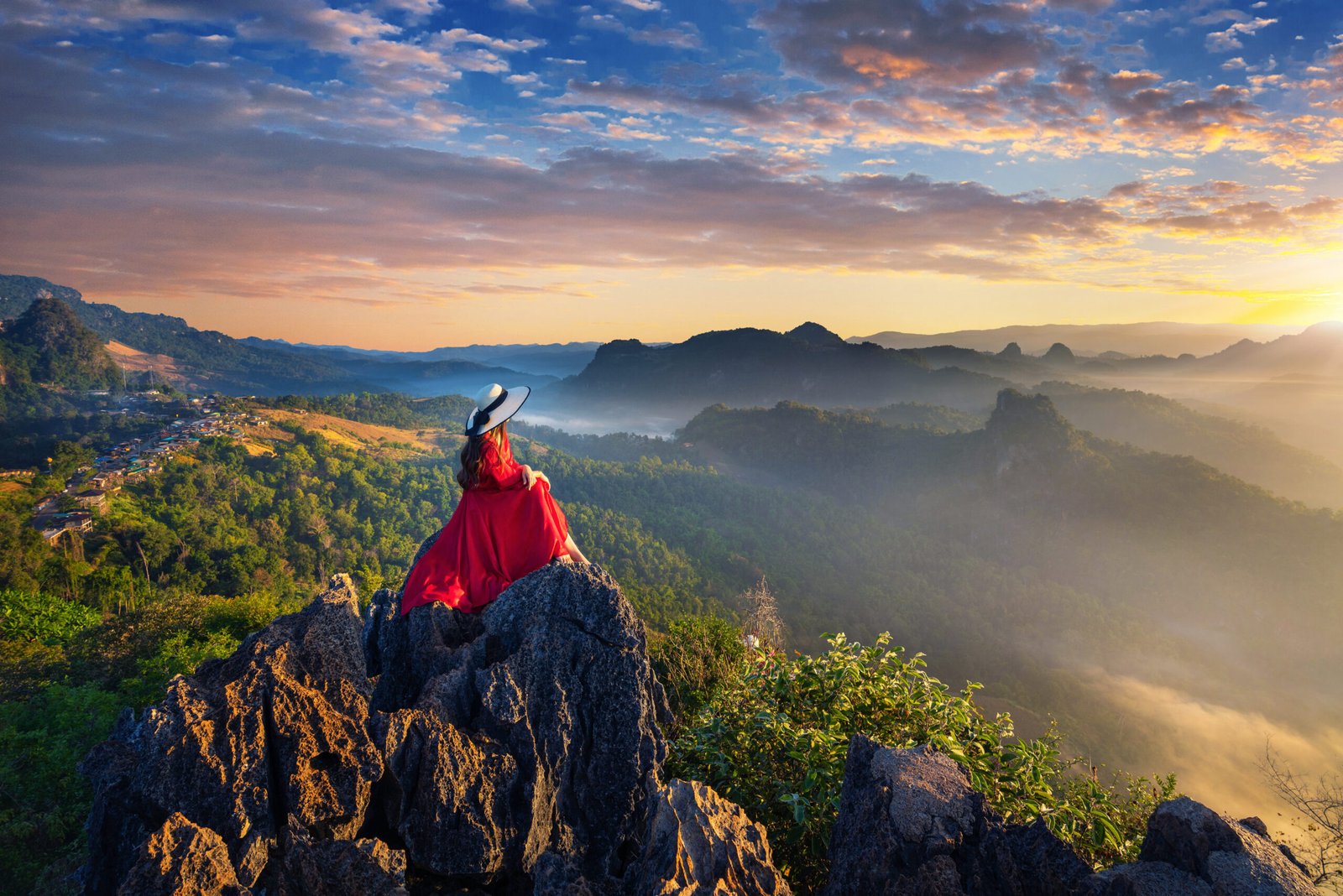 beautiful girl sitting sunrise viewpoint ja bo village mae hong son province thailand scaled